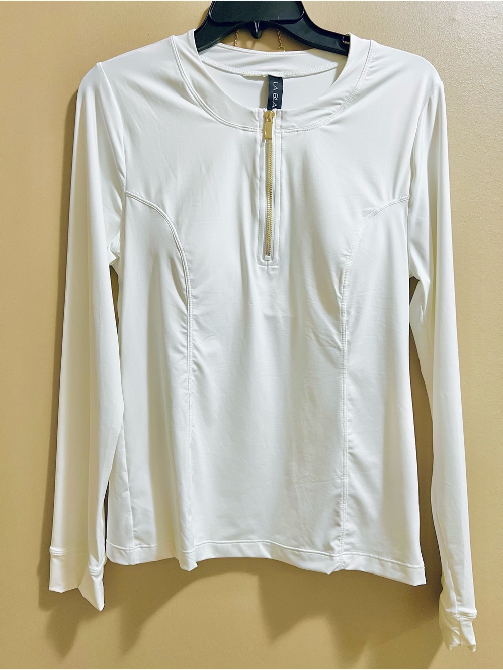 La Blanca removable cups Island Goddess White Gold zip Rash Guard swimsuit NEW